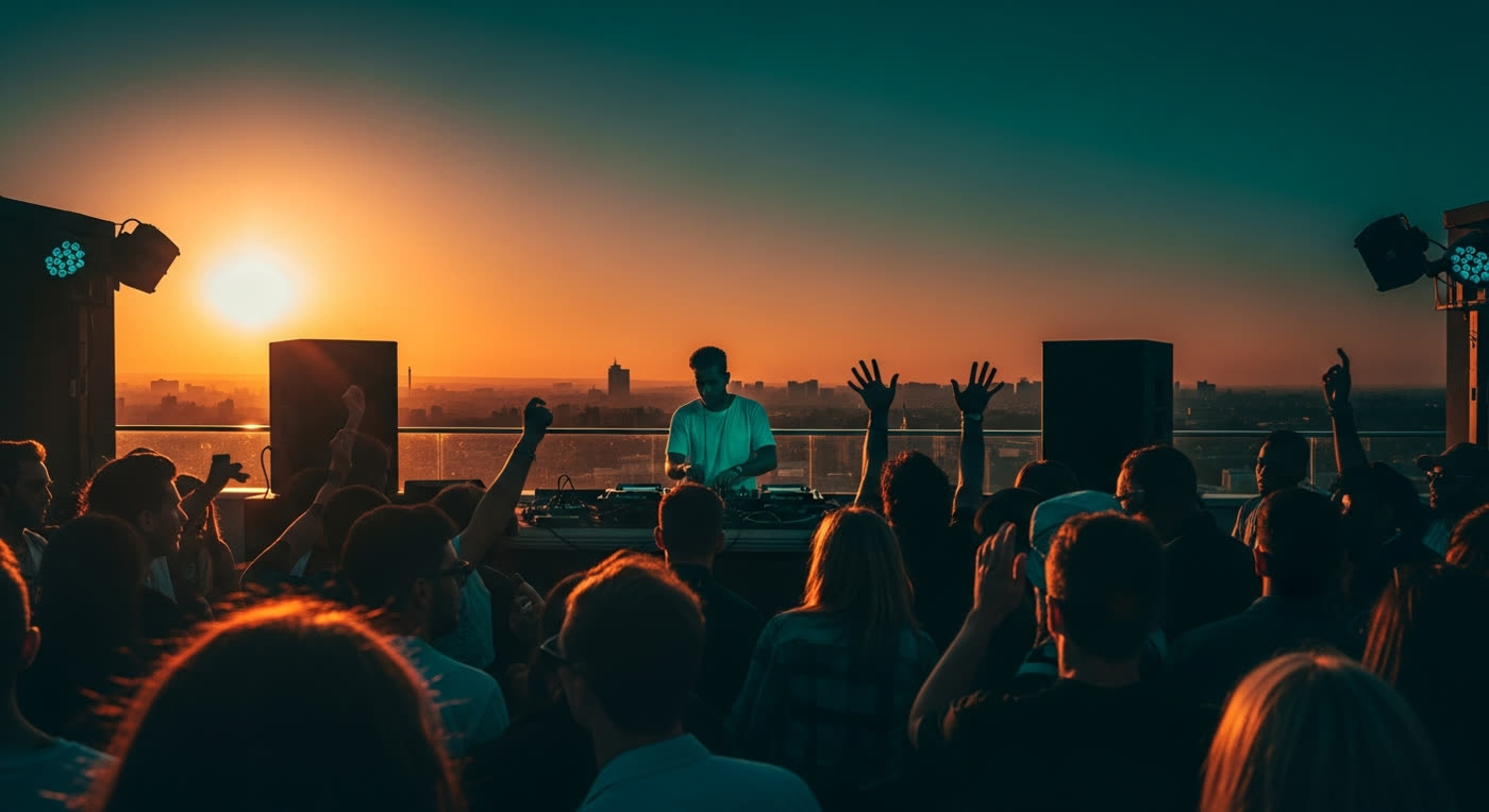 DJ performing at a rooftop crowd